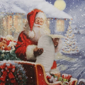 2 oder 4 Stück Papierservietten für Decoupage, Weihnachtsmann am Schlitten mit Liste der Kinder und Geschenke, Decoupage Servietten, Vintage Servietten