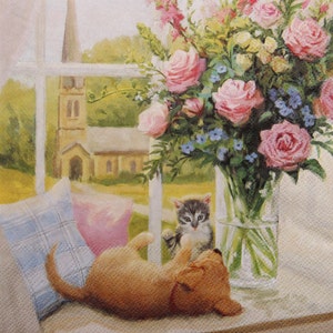 2 ou 4 serviettes en papier pour découpage, chaton et chiot joués sur le rebord de la fenêtre, serviettes chat et chien, serviettes pour découpage Sunny Day Friends