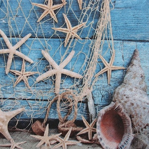 2 oder 4 Stück Papierservietten für Decoupage, Fischernetze, Seesterne Und Muschel auf Vinatge Blue Boards Hintergrund, Nautische Decoupage Servietten