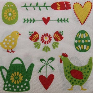 2 ou 4 serviettes en papier pour découpage, oeufs de Pâques verts, rouges, jaunes, poulets, coeurs et arrosoir de jardin, découpage de Pâques