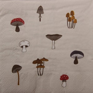 Tovaglioli di carta da 2 o 4 pezzi per artigianato, collage di funghi su sfondo beige, tovaglioli per decoupage autunnali, spugnole, tovaglioli di funghi agarico