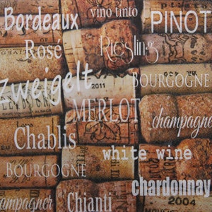 2 oder 4 Stück Papierservietten zum Basteln, Beige Braun Weinkorken Muster mit Namen der Weine, Bordeaux, Chablis, Merlot, Chianti, Bourgogne