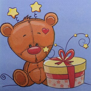 デコパージュ用ペーパーナプキン 2 枚または 4 枚、青い背景にギフトボックスと座っているテディベア、お子様の誕生日用デコパージュナプキン
