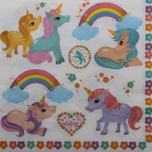 2 oder 4 Stück Papierservietten für Decoupage, Einhörner, Regenbogen, Blumen auf weißem Hintergrund mit Inschrift Believe, Servietten für Kinder