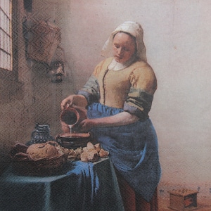 Tovaglioli di carta da 2 o 4 pezzi per decoupage, scena di cucina barocca con donna a tavola con cestino di pane e brocca di latte, decoupage barocco
