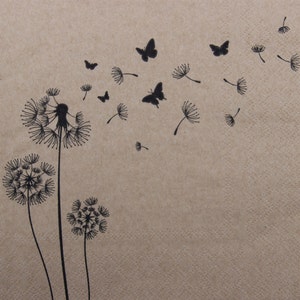 2 ou 4 serviettes en papier pour créations manuelles, fleurs de pissenlit avec peluches et papillons sur fond de papier recyclé beige, découpage
