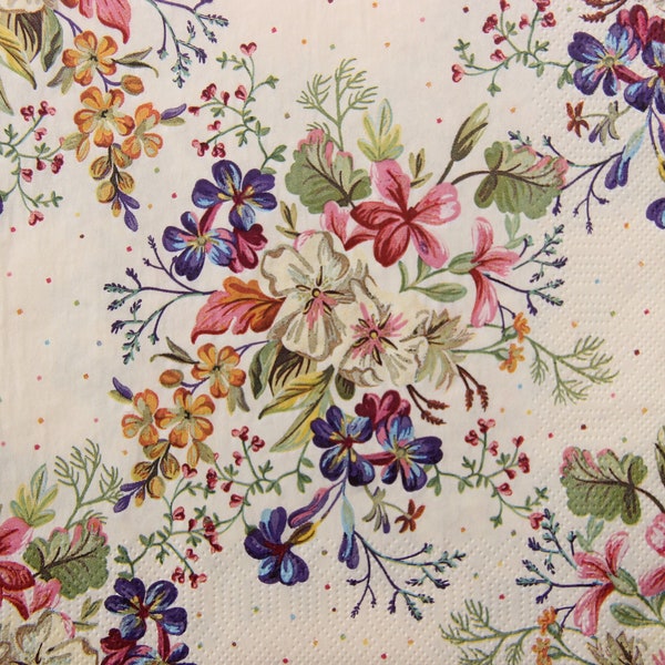 2 oder 4 Stück Papierservietten für Decoupage, bunte zarte Sommerblumen-Muster auf cremefarbenem Hintergrund mit Mini-Punkten, Blumencollagen machen