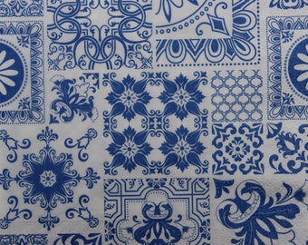 2 or 4 Pcs Paper Napkins For Crafting , Blue & White Mediterranean Tiles Pattern , Decoupage Napkin , Card Making , Ephemera For Decoupage