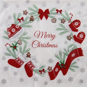 Guardanapos de papel para artesanato, 2 ou 4 peças, meias de natal, luvas, chapéu e cachecol, guirlanda com pão de gengibre e inscrição feliz natal