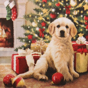 Tovaglioli di carta da 2 o 4 pezzi per decoupage, cucciolo di Golden Retriever con regali e albero di Natale, tovaglioli per decoupage di cani natalizi, tovaglioli per animali domestici