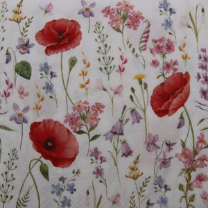2 o 4 pezzi di tovaglioli di carta per artigianato, piccoli fiori primaverili colorati e papaveri rossi su sfondo bianco, tovaglioli per decoupage, tovaglioli estivi