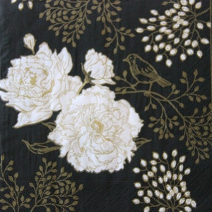 2 oder 4 Stück Papierservietten zum Basteln, Art Deco Und Creme Blumen Auf Schwarzem Hintergrund, Rosen, Zweige Und Vögel Decoupage Servietten, Journal