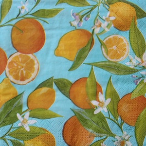 2 oder 4 Stück Papierservietten zum Basteln, Zitrone und Orange Zweige Auf Blaugrün Hintergrund, Servietten Servietten Servietten, Obst Servietten, Scrapbooking