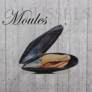 2 of 4 stuks papieren servetten voor decoupage, mossel op grijze planken achtergrond met inscripties mosselen en mosselen, decoupage servetten met zeevruchten