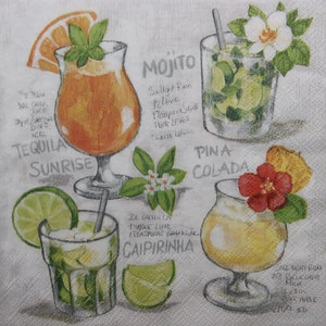 Tovaglioli di carta da 2 o 4 pezzi per lavori artigianali, mix di cocktail colorati con frutta, fiori e iscrizioni, tovaglioli per cocktail estivi, tovaglioli per bevande