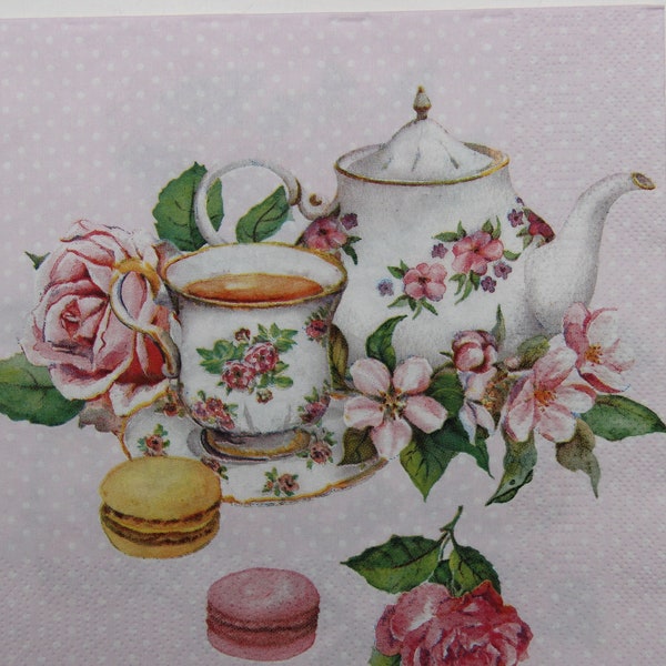 2 ou 4 serviettes en papier pour bricolage , tasse de thé , théière , fleurs roses , macarons sur fond pointillé rose , serviettes pour découpage