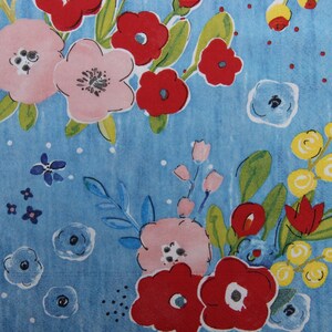 2 ou 4 serviettes en papier pour bricolage, fleurs peintes en rouge, rose, jaune sur fond bleu, serviettes pour découpage floral, motif floral