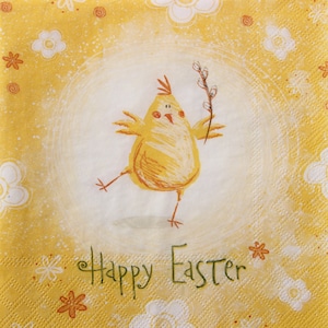 2 o 4 pezzi di tovaglioli di carta per lavoretti, divertente pollo pasquale su sfondo giallo con fiori e scritta "Buona Pasqua", decoupage di pollo