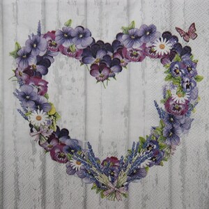 Guardanapos de papel para artesanato, 2 ou 4 unidades, coração de flores roxas em fundo de placas cinza vintage, guardanapos de decupagem de coração de violas