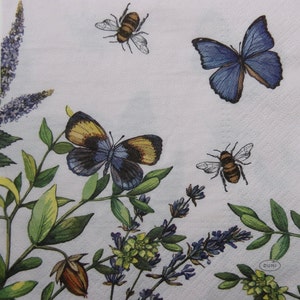 2 ou 4 serviettes en papier pour découpage, papillons, abeilles et fleurs sauvages sur une base légèrement rose, serviettes printanières pour découpage, scrapbooking