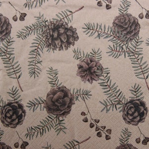 2 oder 4 Stück Papierservietten zum Basteln, braune Kiefernzapfen und Tannenzweige auf 100% recyceltem braunem Papier Hintergrund, Winter-Decoupage