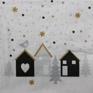 2 ou 4 serviettes de table en papier artisanales, gris, noir, or, maisons minimalistes avec arbres de Noël, oiseaux et étoiles, serviettes de table magiques d'hiver