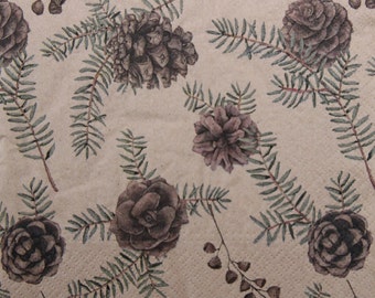 Papieren servetten dennenappel, gerecycled ambachtelijk bruin, winterdecoupage (2 of 4 stuks)