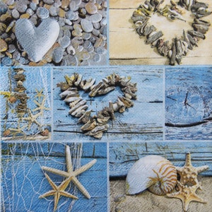Servilletas de papel de 2 o 4 piezas para decoupage, guijarros, corazones de madera flotante, guirnaldas, redes de pesca, estrellas de mar, conchas de mar sobre fondo de tablas azules
