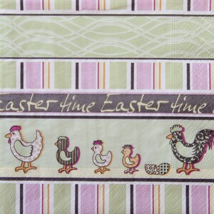 2 o 4 servilletas de papel para decoupage, divertida familia de pollos de Pascua sobre fondo de rayas rosadas y verde pastel e inscripción Tiempo de Pascua
