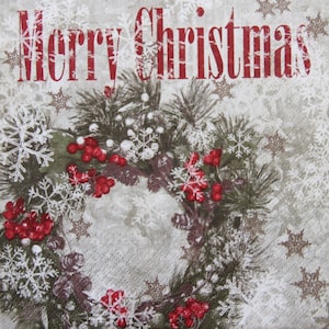 2 o 4 pezzi di tovaglioli di carta per lavori artigianali, coni natalizi e ghirlanda di bacche con sfondo vintage di fiocchi di neve e scritta "Buon Natale"
