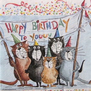 2 oder 4 Stück Papierservietten für Decoupage, lustige Katzen mit Geburtstagsbanner und Konfetti auf blauem Hintergrund, Katzen Geburtstag Decoupage Servietten