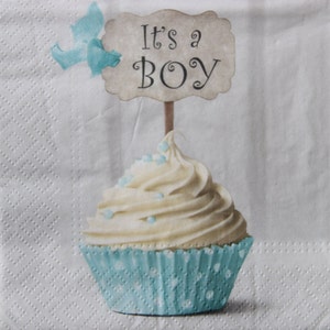 2 of 4-delige papieren servetten om te knutselen, blauw, wit welkomstcupcake-servet voor babyjongen met topper en opschrift It''s a Boy, muffinservetten