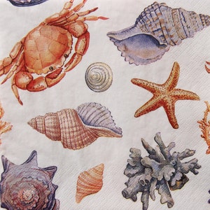 2 of 4 stuks papieren servetten voor decoupage, rode krabben, zeester, zeeschelp en koraal mixpatroon, nautische decoupage, decoupage decoupage zeedieren