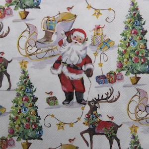 2 ou 4 serviettes en papier pour découpage, Père Noël avec traîneau, cadeaux de Noël, renne et sapin de Noël, décorations de Noël