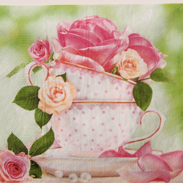 2 ou 4 serviettes en papier pour créations manuelles, roses roses et perles sur fond vert en porcelaine fine à pois, tasses à thé serviettes de table
