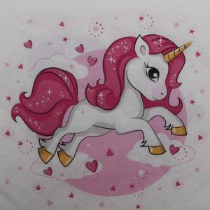 2 o 4 piezas de servilletas de papel para decoupage, unicornio rosa entre las nubes, estrellas y corazones sobre fondo blanco, servilletas de decoupage para niñas