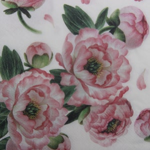 2 ou 4 unidades de guardanapos de papel para artesanato, flores de peônias encantadoras em fundo branco, padrão de peônias românticas, guardanapos de decoupage de peônias