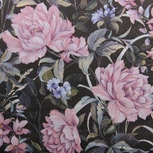 2 ou 4 serviettes en papier pour bricolage, pivoines baroques roses sur fond noir, découpage floral baroque, motif pivoines, collages