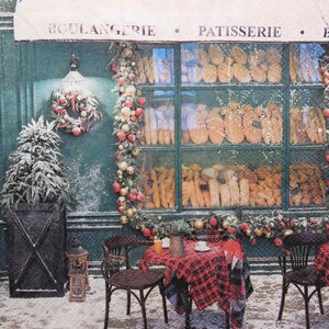 2- of 4-delige papieren servetten om te knutselen, versierd bakkerijraam met kerstgrenen slinger en krans, knipservetten kerstcafetaria