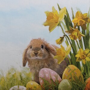 2 oder 4 Stück Papierservietten zum Basteln, brauner flauschiger Osterhase auf Wiese mit gelben Narzissen und bunten Ostereiern, Ostercollagen