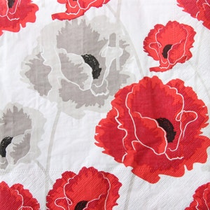 2 ou 4 serviettes en papier pour bricolage, coquelicots gris et rouges sans couture sur fond blanc, coquelicots en fleurs, taille 16 x 16 pouces