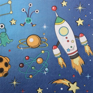 2 oder 4 Stück Papierservietten für Decoupage, Raumschiffe, Planeten, Sternbilder und Außerirdische auf blauem Hintergrund, Galaxy Decoupage Servietten