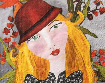Mädchen mit rotem Hut Papierservietten für Decoupage, Skandinavische Blumen (2 oder 4 Stück)