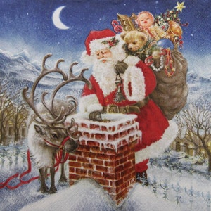 2 oder 4 Stück Papierservietten für Decoupage, Weihnachten Rentier und Weihnachtsmann auf dem Dach bringen Geschenke durch Schornstein, Weihnachten Santa Decoupage