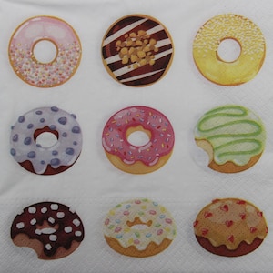 2 ou 4 serviettes en papier pour bricolage , Donuts colorés sur fond blanc , Serviettes pour découpage , Ephémère , Serviette en papier pour techniques mixtes