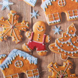 2 o 4 pezzi di tovaglioli di carta per artigianato, collage di pan di zenzero di Natale su sfondo di assi, omino di pan di zenzero, casa, fiocco di neve e motivo di albero