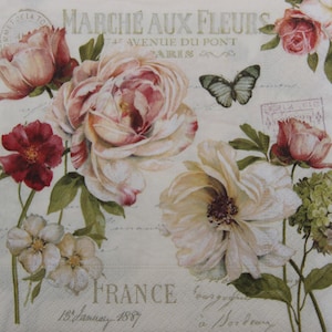 2 ou 4 serviettes en papier pour travaux manuels, roses roses de style victorien avec script et timbres-poste, serviettes pour découpage roses vintage, collages