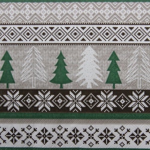 2 oder 4 Stück Papierservietten für Handwerk, Braun, Grün, Beige skandinavisches Muster mit Weihnachtsbäumen und gestrickten Verzierungen, Weihnachtsservietten