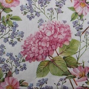 2 or 4 Pcs Paper Napkins For Crafting , Pink Hydrangea And Blue Forget me-not Flowers On White Background , Hydrangea Decoupage Napkins