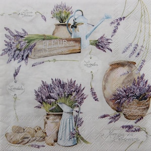 2 o 4 pezzi di tovaglioli di carta per decoupage, collage di mazzi di lavanda con brocca d'acqua francese, annaffiatoio vintage, cestini, vasi, etichette e conchiglie